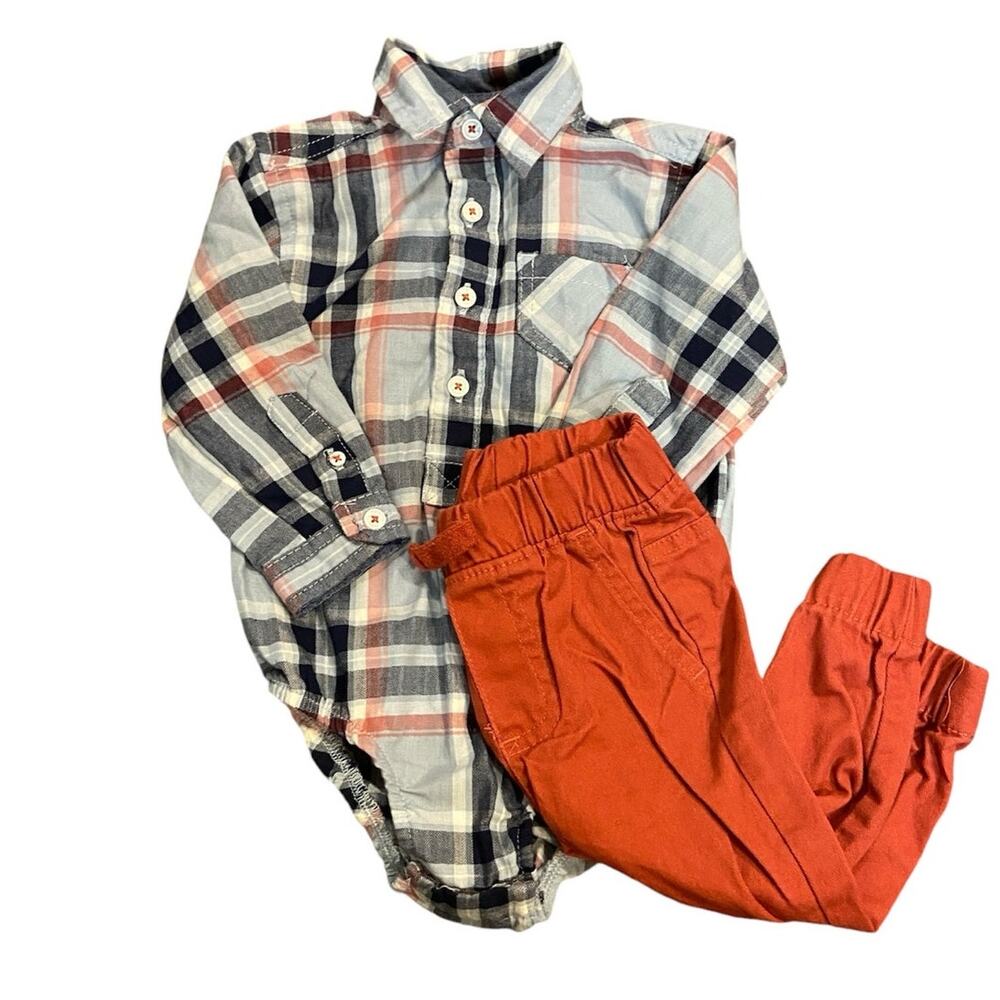 Ben Sherman Baby Boy Size 6-9 Months Plaid Button Up with Coral Pants Outfit